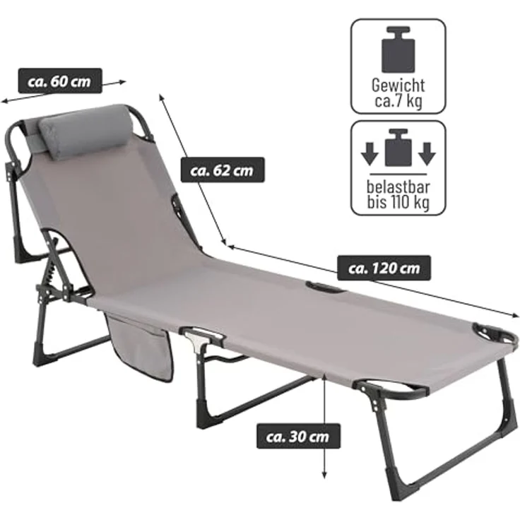 Nexos klappbar 5-Fach verstellbare Sonnenliege mit Kopfkissen grau 182 x 60 x 30 cm Polyester Gartenliege Strand-Liege Stahl-Rahmen wetterfest robust – Bild 2