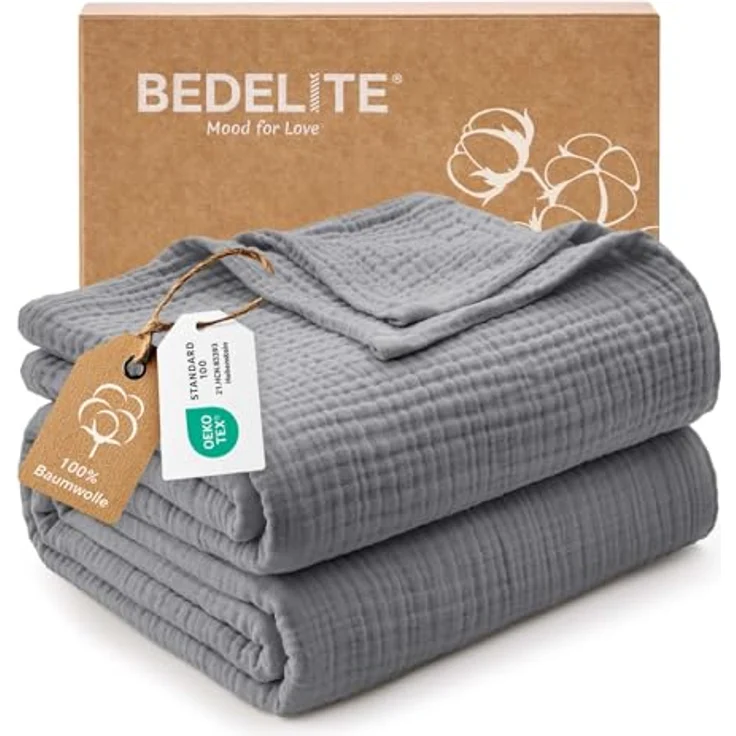 BEDELITE Musselin Decke 230x230cm Erwachsene Tagesdecke Baumwolle, Grau – Bild 1