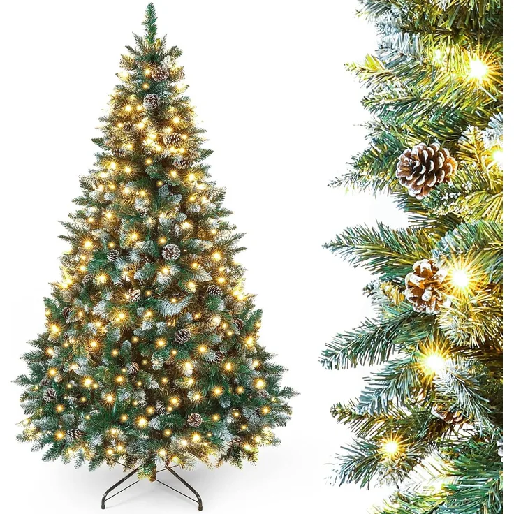 Yorbay Künstlicher Weihnachtsbaum Künstlicher Tannenbaum mit LED Beleuchtung, Schnee, Kiefernzapfen, 150 / 180 / 210 cm auswählbar, mit Ständer, Weihnachtsbaum Christbaum für Weihnachten-Dekoration