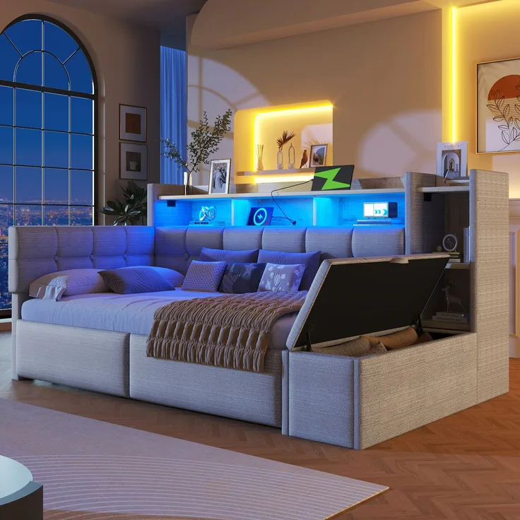 Merax Polsterbett 90 × 190 cm, Tagesbett, Daybett, Schlafsofa, mit 2 Schubladen, USB- und Typ-C-Anschlüssen, LED-Lichtleiste, Ohne Matratze, Samt, Grau