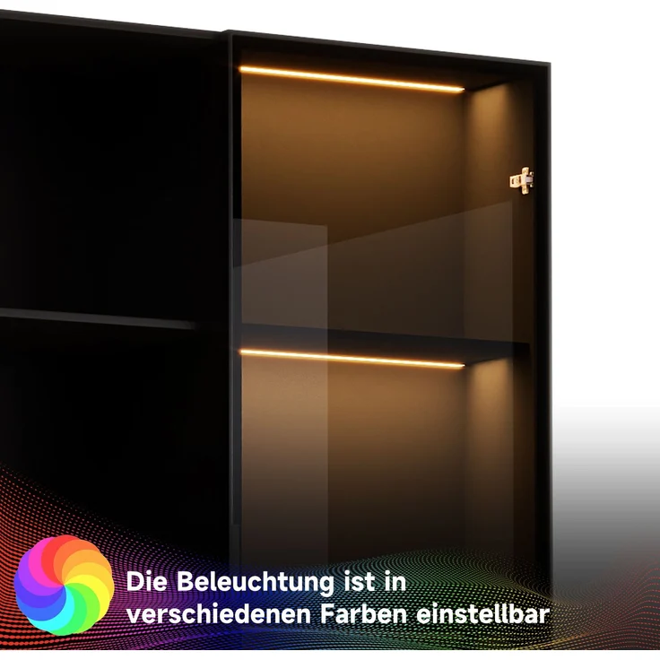 Vitrine 80x40x160 cm in Schwarz mit LED-Beleuchtung, Glastür und 3 Schubladen – Bild 7