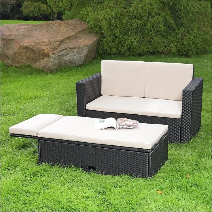 Feel2Home Gartenlounge-Set Polyrattan-Lounge mit Zweisitzer-Sofa und Ottomane mit Stauraum, (Set, 2-tlg, Sofa & Ottomane), Kissen inkl. Reißverschluss daher abnehm- und waschbar – Bild 3