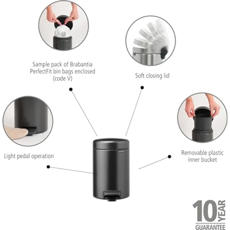 Brabantia NewIcon, kleiner Mülleimer für das Bad mit Deckel, 3 l | Geruchssicherer Treteimer mit herausnehmbarem Inneneimer, Confident Grey – Bild 2