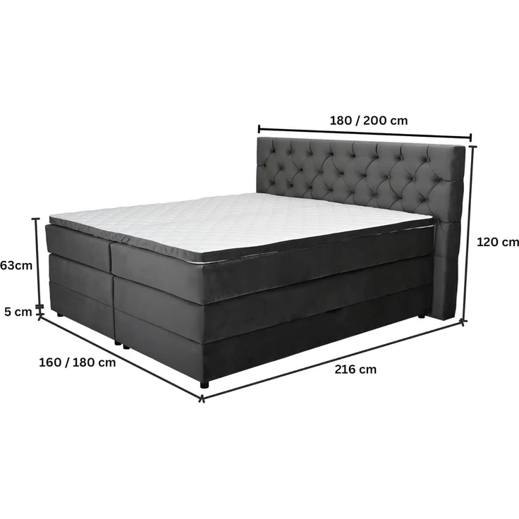 Belanoti Boxspringbett Any (Boxspringbett 160x200 mit Bettkasten, 7-Zonen Taschenfederkern Matratze inklusive Visco Topper), Bett 160x200 in der Farbe Anthrazit H2/H3 Polsterbett – Bild 2