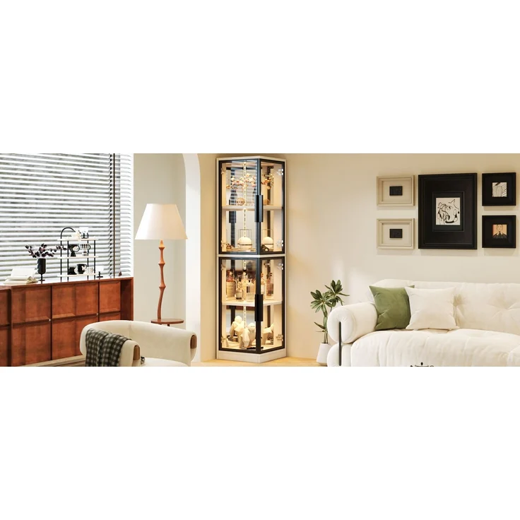 ZUBALIYA Vitrine mit Glas 44 × 42 × 164 cm, Spiegelrückwand, Eckvitrine mit doppelseitiger Glaspräsentation, LED-Beleuchtung mit Farbwechsel, Glasvitrine für Sammlerstücke, Bücher, Wein & Dekoration, Weiß – Bild 14