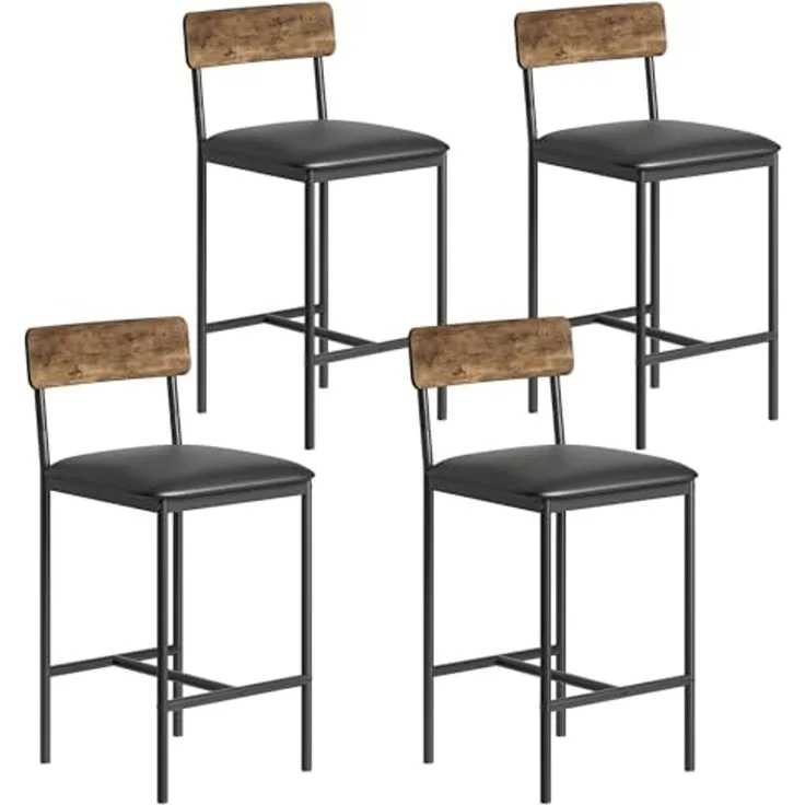4er Set Barhocker, Barstuhl mit Rückenlehne und Fußstütze, Retro Barhocker mit Fußstütze, Bistrohocker 64cm Hohe, Küchenhocker Einfache Montage, Industrie-Design für Bistro, Küche, Esszimmer, Vintage