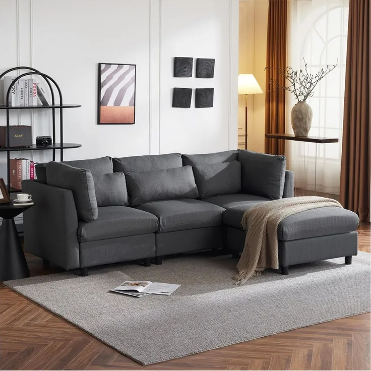 Merax 3-Sitzer mit Hocker, XXL Sofa, aus Leinen mit 2 Kissen,Sofagarnitur,Loungesofa,modulare Couch