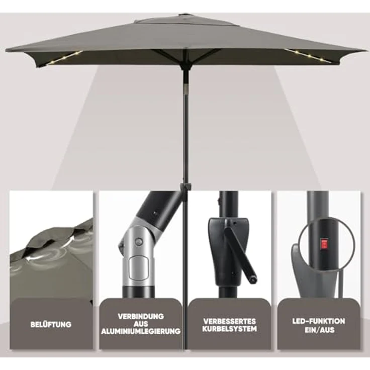 Sekey Sonnenschirm mit LED-Beleuchtung, Kurbel & UV50+, knickbar, Aluminium cappuccino, 200 x 300 cm – Bild 6