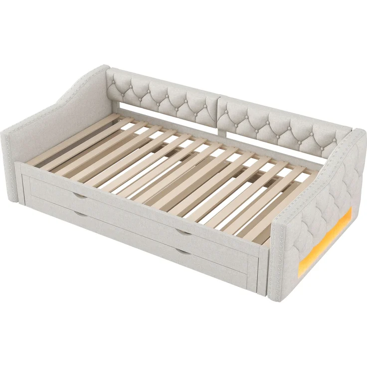 Gepolstertes Tagesbett 90x200 cm mit LED-Licht, Ausziehbett und 3 Schubladen, Beige – Bild 9