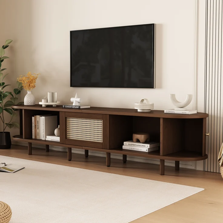 TV-Schrank MDF Rattan-Design mit Schublade & Schiebetüren 180x40x40 cm Nussbaum dunkel – Bild 3