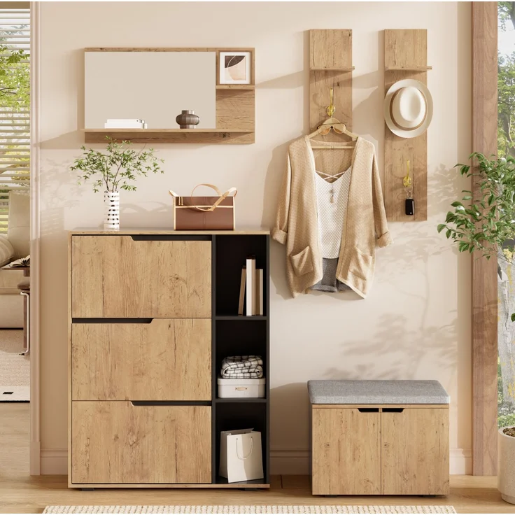 Garderoben-Set 150 x 35 x 161,5 cm mit Spiegel, Schuhschrank und gepolsterter Schuhbank – Bild 5