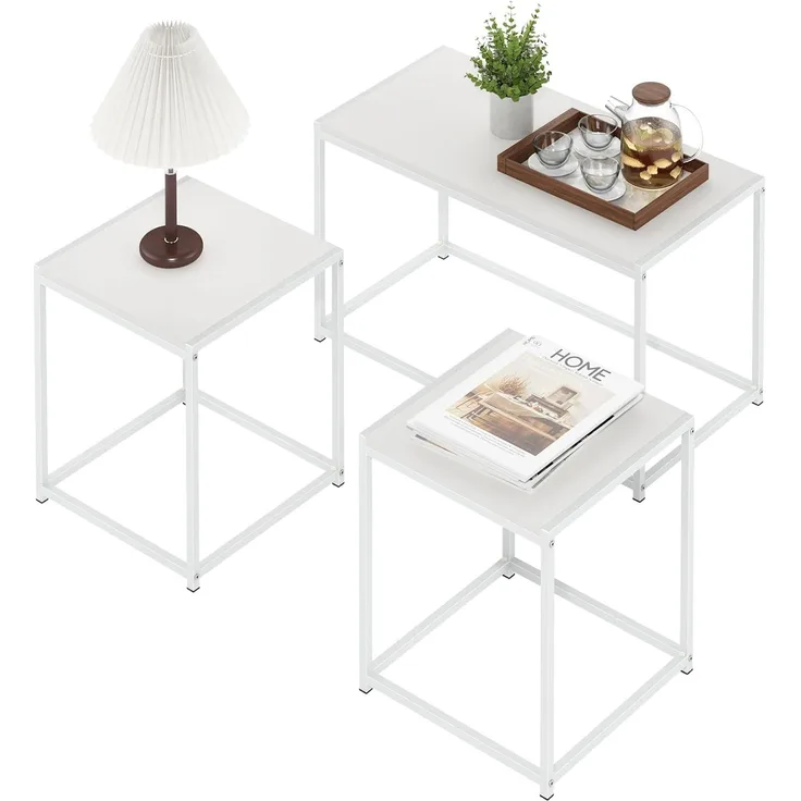 Furinno CAMNUS Wohnzimmer-Tischset, 3-teilig, Couchtisch mit 2 Beistelltischen, Seitentische, für Wohnzimmer, Weiß