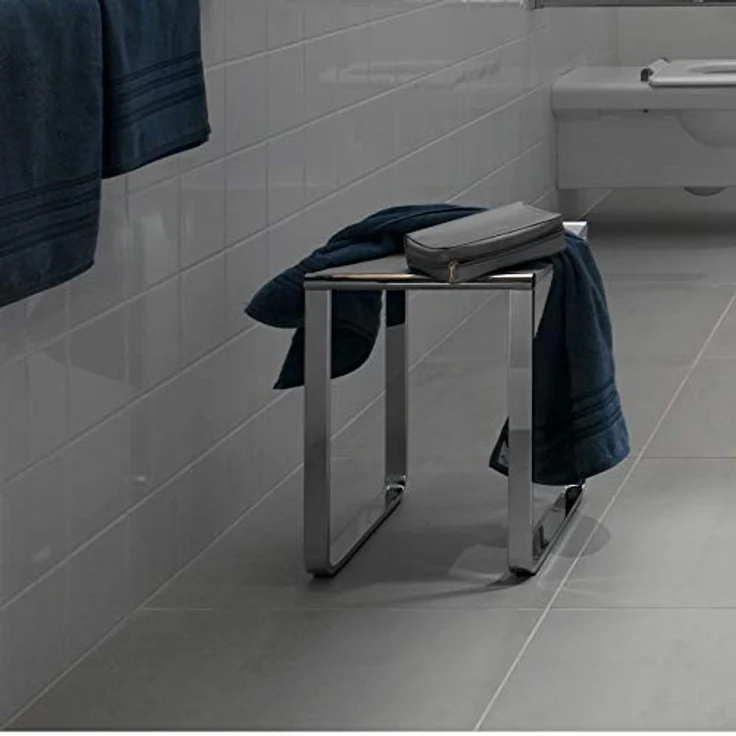 Keuco Plan Duschhocker, belastbar bis 100 kg, Aluminium verchromt, Sitzfläche aus Kunststoff Schwarzgrau, 36,5 x 34 cm, rutschfeste Gummifüße – Bild 2