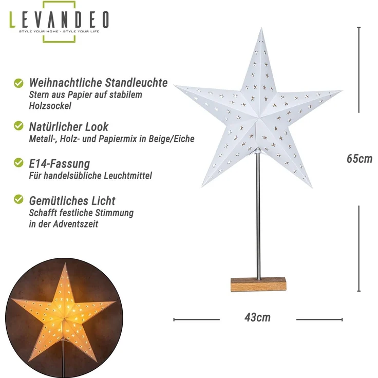 Levandeo® LED Stern, LED Stern Weiß H65cm mit Standfuß Weihnachten Leuchtstern – Bild 2