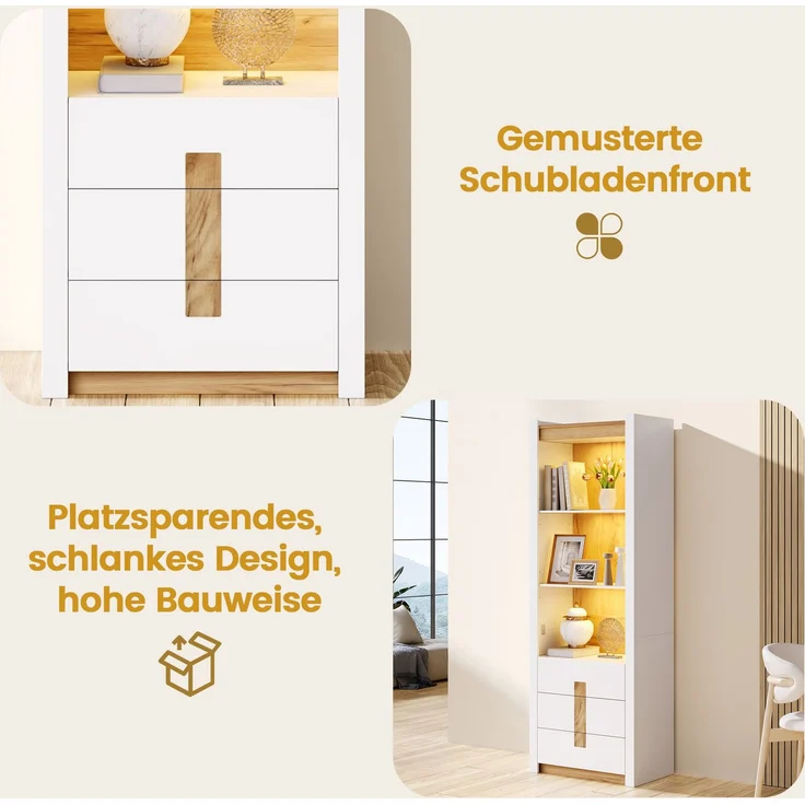 200cm Weiß Vitrinenschrank mit LED Beleuchtung, Bücherschrank mit 3 Schublade mit 3 Staufächern,Schrank für Wohnzimmer Küche Esszimmer , Schließfächer mit Verstellbare Trennwand,55x40x200cm – Bild 7