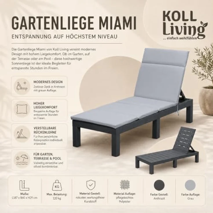 Koll Living Gartenliege 'Miami', UV- und wetterbeständig, Kunststoff in Anthrazit mit grauer Auflage, 187 cm Länge – Bild 2