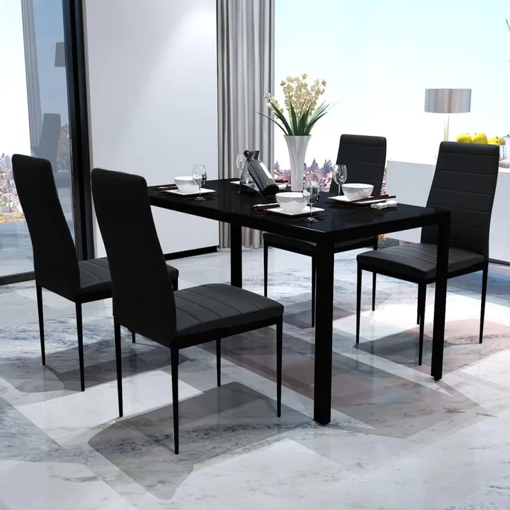 vidaXL Essgruppe Tisch Stühle 5-tlg. Kunstleder Schwarz