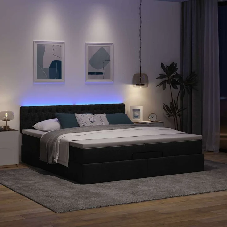 vidaXL Ottoman-Bett mit Matratzen & LEDs Schwarz 200x200 cm Stoff 3312418 – Bild 3