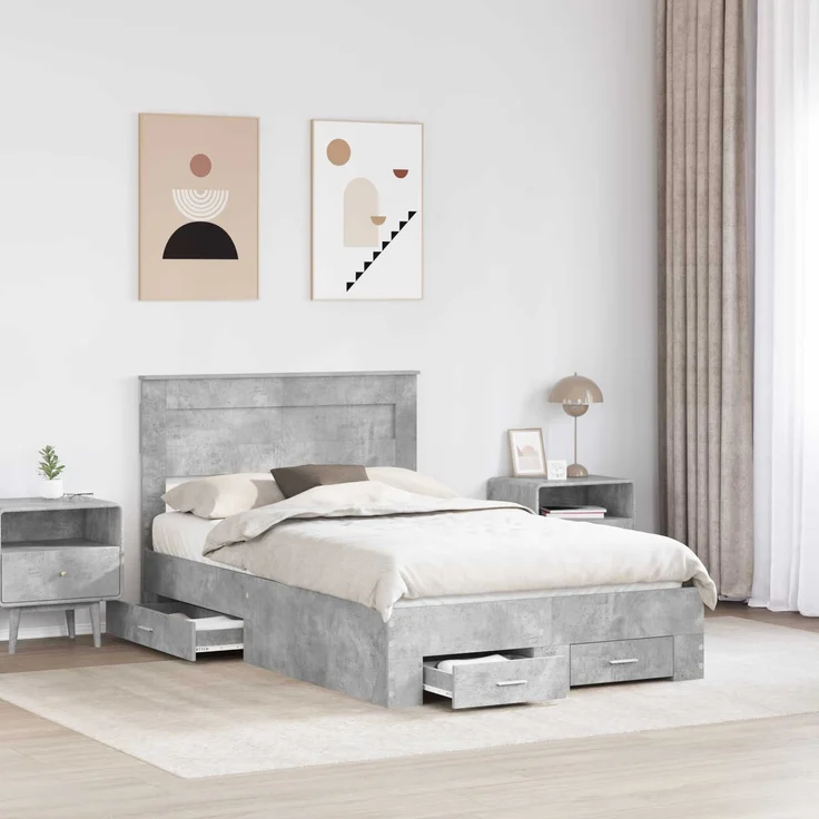 vidaXL Bettrahmen mit Kopfteil Beton Grau 135 x 190 cm Holzwerkstoff 3409998 – Bild 2