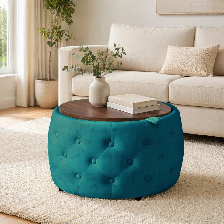 Hocker-Set, 2 Stück, H 38 x T 60 x B 60 cm, blauer Samtbezug, ineinander verstaubar, mit Stauraum – Bild 2