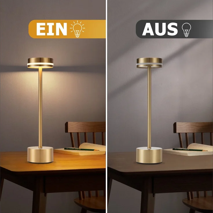 ZMH Tischlampe Akku LED Tischleuchte Kabellos - Nachttischlampe Dimmbare mit USB-C Aufladbar Batterie Touch Lampe Gold Tischlampen für Schlafzimmer Esszimmer Büro- 2ER – Bild 4