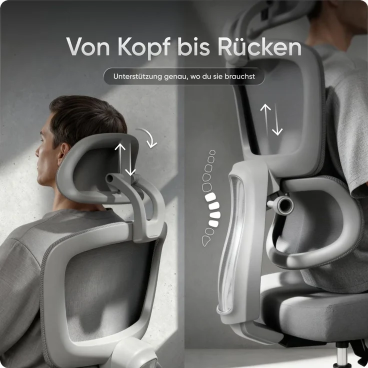 DESKSPACE Move - Premium Ergonomischer Bürostuhl - Höhenverstellbare Rückenlehne - Grau – Bild 6