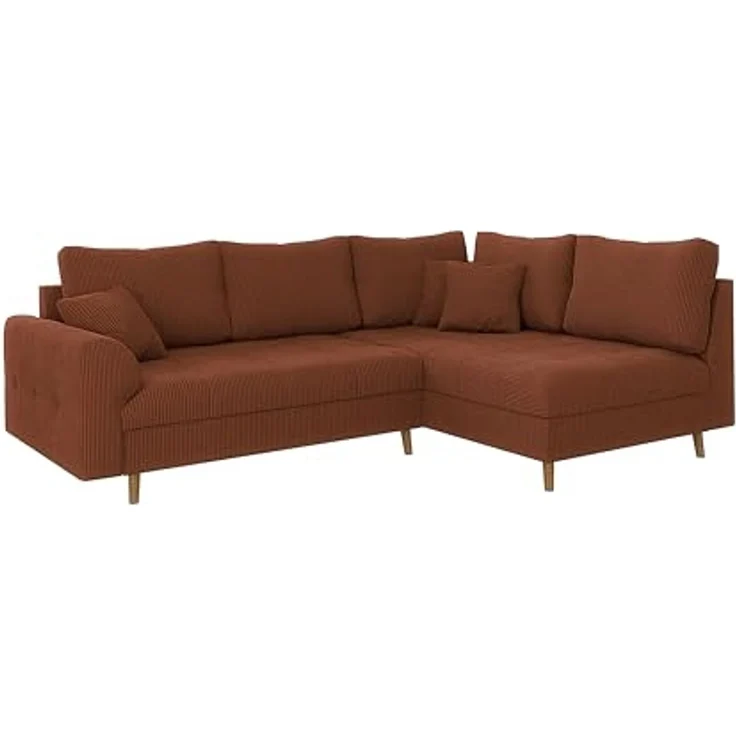 S-Style Möbel Ecksofa Zara mit Braun Holzfüßen im skandinavischen Stil aus Cord-Stoff, Ottomane links oder rechts bestellbar, mit Wellenfederung – Bild 1