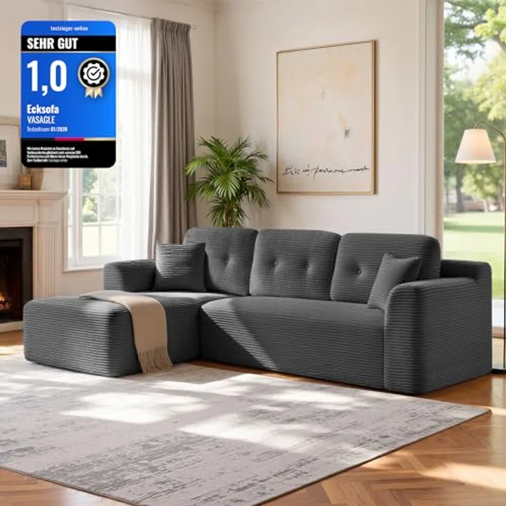 VASAGLE Ecksofa, modulares Sofa 244 cm breit, vakuumverpackt, Schlafsofa, Keine Montage erforderlich, mit großer Chaiselongue Links, für Wohnzimmer, Gästezimmer, schiefergrau LCS183GN01 – Bild 1