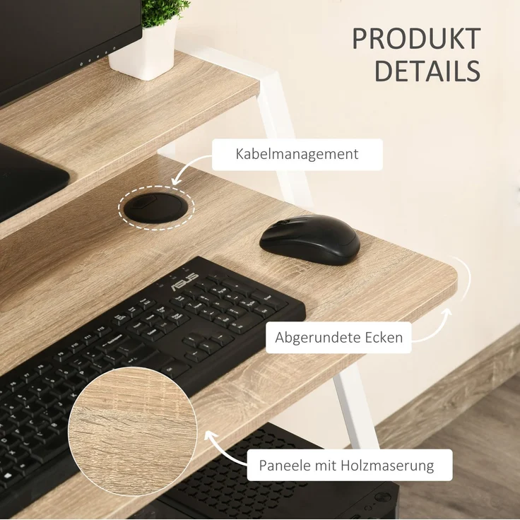 Schreibtisch mit Ablagefach & Kabeldurchlass, 84x45x85 cm, Weiß – Bild 4