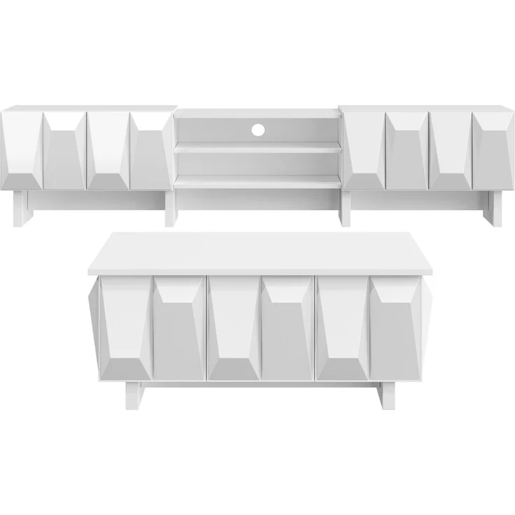TV-Schrank-Set 180x34x44,5 cm mit Couchtisch 95x67x39,5 cm, Weiß, Rautenrelief – Bild 7