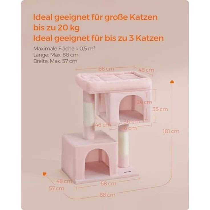 Feandrea Kratzbaum, 101 cm Katzenbaum, XL, Katzenhaus für extra große Katzen bis zu 20 kg, große Plattform, 2 Katzenhöhlen, Sisalstämme, pastellrosa PCT614P01 – Bild 5