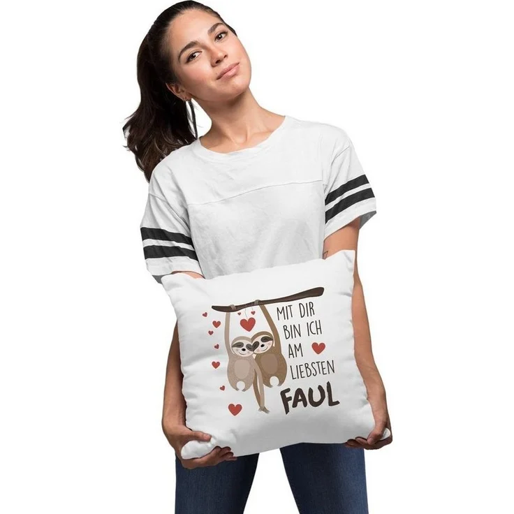 MoonWorks Dekokissen Kissen-Bezug Spruch Mit dir bin ich am liebsten faul Faultier Geschenk Liebe Freundschaft Valentinstag Geburtstag Freund Freundin MoonWorks® – Bild 3