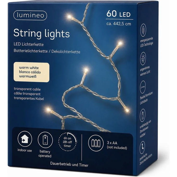 Lumineo LED-Lichterkette, LED Lichterkette 4,4m Basic Batterie 60 LEDs Warmweiß / transparent – Bild 1