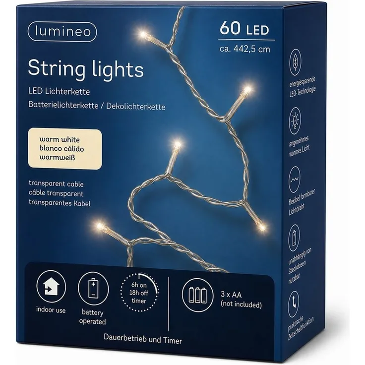 Lumineo LED-Lichterkette, LED Lichterkette 4,4m Basic Batterie 60 LEDs Warmweiß / transparent