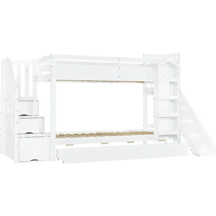 Etagenbett mit 2 Liegeflächen, Rutsche, Treppe, Regal, Schubladen, Stauraum und Rausfallschutz, 90x200cm, Kinderbett, Jugendbett, Kiefer – Bild 8