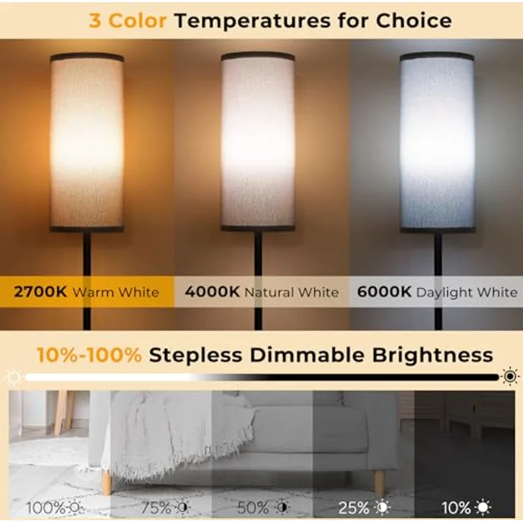 YICAIZI LED Stehlampe Wohnzimmer Dimmbar, 171.5cm Moderne Stehleuchte inklusive 12W E27 Glühbirne, 3 Farbtemperaturen, Grauer Lampenschirm, Fernbedienung und Fußschalte (Grau) – Bild 3