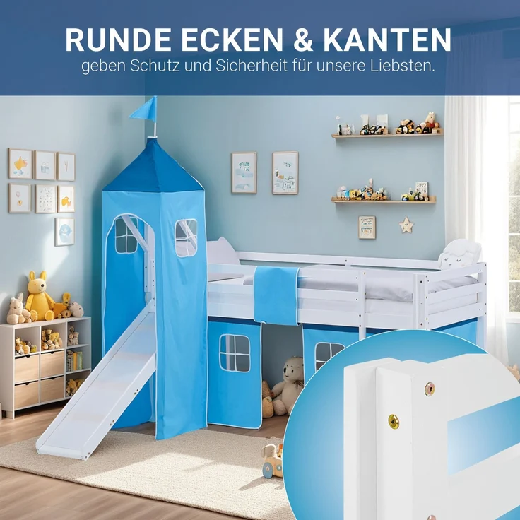 Hochbett Kinder 90x200 cm mit Rutsche Kinderbett Kinderhochbett Stockbett Vorhang Turm Blau – Bild 7