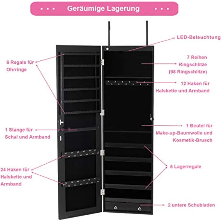 COSTWAY Schmuckschrank mit LED Beleuchtung, Schmuckregal haengend mit Spiegel, abschliessbar mit Schlüsseln, 120 cm hoch, schwarz – Bild 5