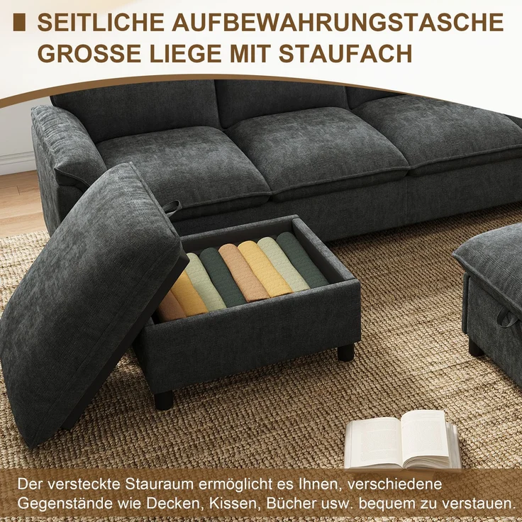 Merax U-förmiges modulares Sofa, bequemes Ecksofa mit Deep-Seat-Design, mit 2 beweglichen Fußhockern, hohe Rückenlehne, Chenille, Schwarz, B264.5/D142.5/H84 – Bild 7