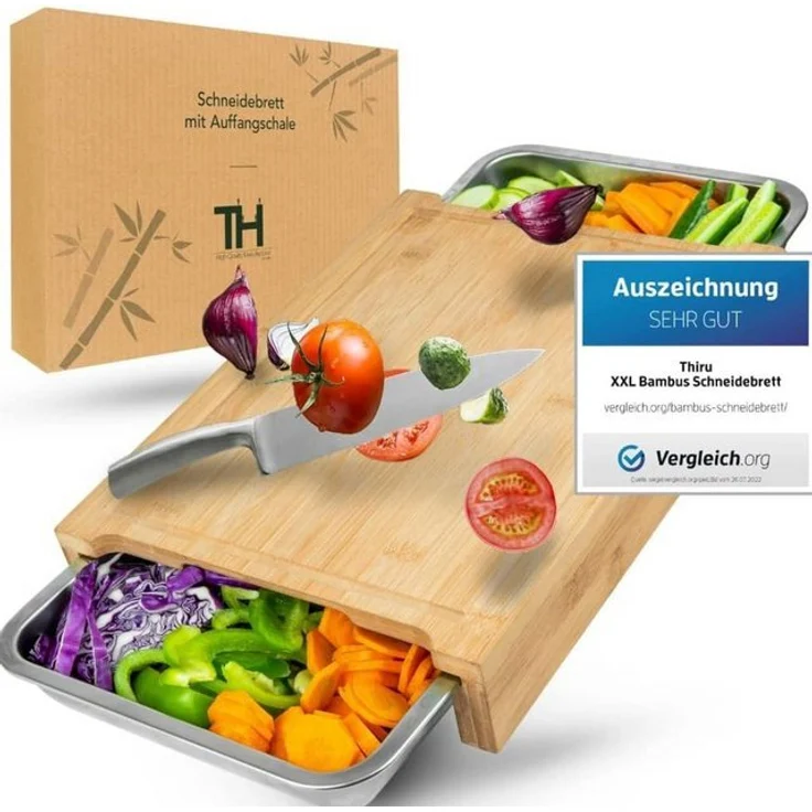 Thiru Schneidebrett Premium Schneidebrett mit Auffangschalen Bambus - Tranchierbrett groß, Bambus, Handarbeit – Bild 4