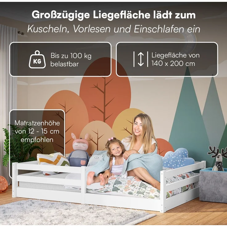 Bellabino 'Iskri' Bodenbett 140x200 cm mit Matratze, weiß, Massivholz Kiefer, Montessori Kinderbett mit Rausfallschutz und Lattenrost – Bild 5