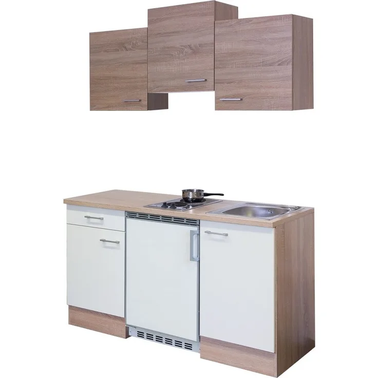 Flex-Well Küchenzeile Singleküche mit E-Geräten - 150 cm breit - Weiß Sonoma Eiche – Salerno
