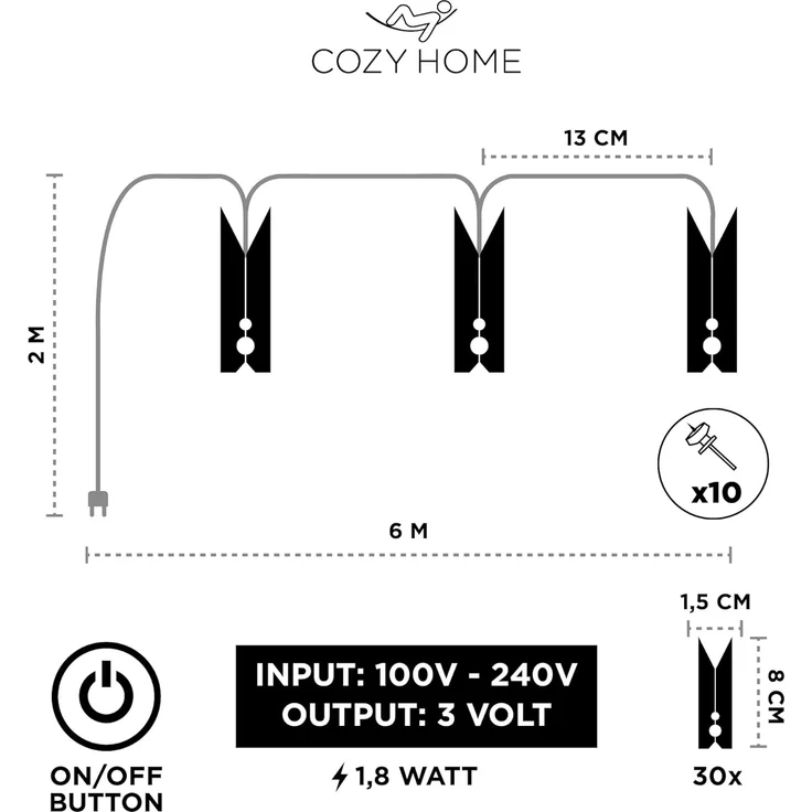 COZY HOME LED-Lichterkette Fotoclip Lichterkette - Batterie und Stecker, 30 Fotoclip LEDs I Timer-Funktion I 6 Meter I Warmweiße LED – Bild 4