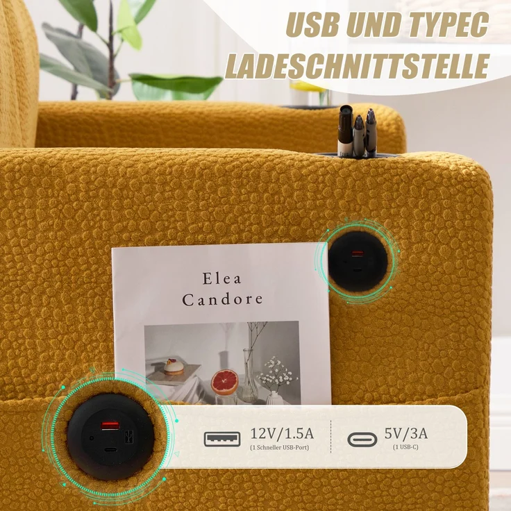 LVHOM 2-Sitzer Sofa mit USB&LED, Zweier Polstersofa Chenille Bezug, Loveseat mit Getränkehaltern, Doppelsofa Stoffsofa Loungesofa, Gelb – Bild 5