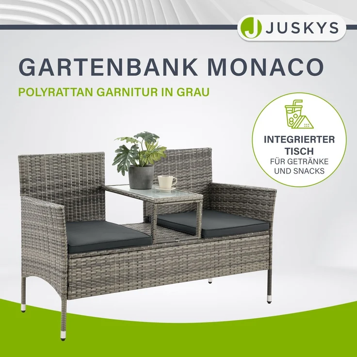 Juskys 'Monaco' 2-Sitzer Gartenbank mit Tisch und Kissen, Polyrattan grau, 133 × 63 × 84 cm – Bild 2