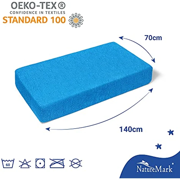 NatureMark Spannbettlaken Frottee Spannbettlaken, 80% Baumwolle / 20% Polyester, Gummizug: rundum, (2 Stück), 2er Set Kinder Spannbettlaken Frottee, Spannbetttuch 80% Baumwolle / 20% Polyester, für Babybett und Kinderbett, 70x140 cm - Türkis – Bild 5