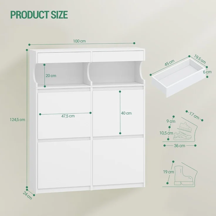 Hzuaneri Schuhschrank für 20 Paar, 4 Klappen, Weiß, 100 x 24 x 124,5 cm – Bild 9
