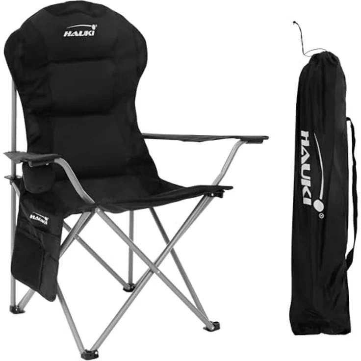 Hauki Campingstuhl Faltstühl faltbar mit Getränkehalter & Tragetasche bis 150kg (1 St), Klappstuhl 56x95x110 cm Schwarz Angelstuhl mit Hochlehner Gepolster – Bild 1