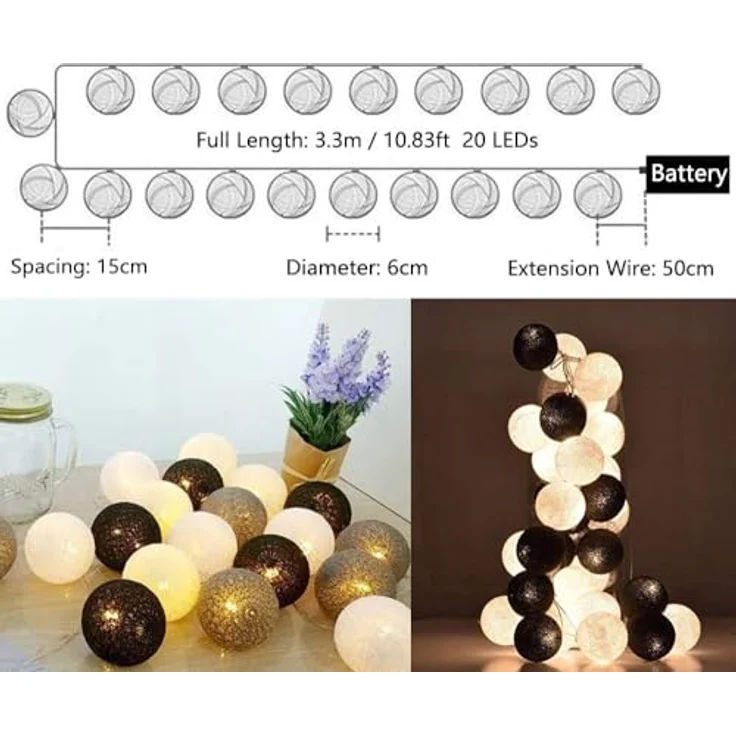 LED Lichterkette Baumwollkugeln Batteriebetrieben, 3,3m 20er Cotton Ball Lichterketten Kugeln Nachtlicht für Weihnachten, Hochzeit, Party, Zimmer, Wohnheim, Innen Deko – Bild 7