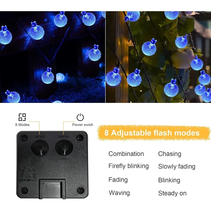 LQWELL® Solar Lichterkette Aussen 13M 60LED 8 Modi für Innen und Aussen Kettenlicht Kristall Kugeln IP44 Wasserdicht Garten Terrasse Balkon Hochzeit Party Fenster (Blau) – Bild 4